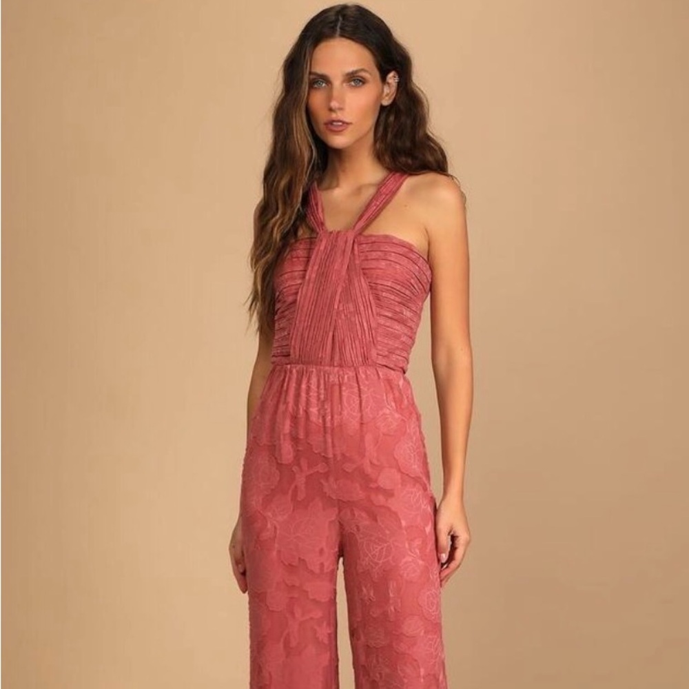 Lulu's Dusty Rose Lace Halter Jumpsuit